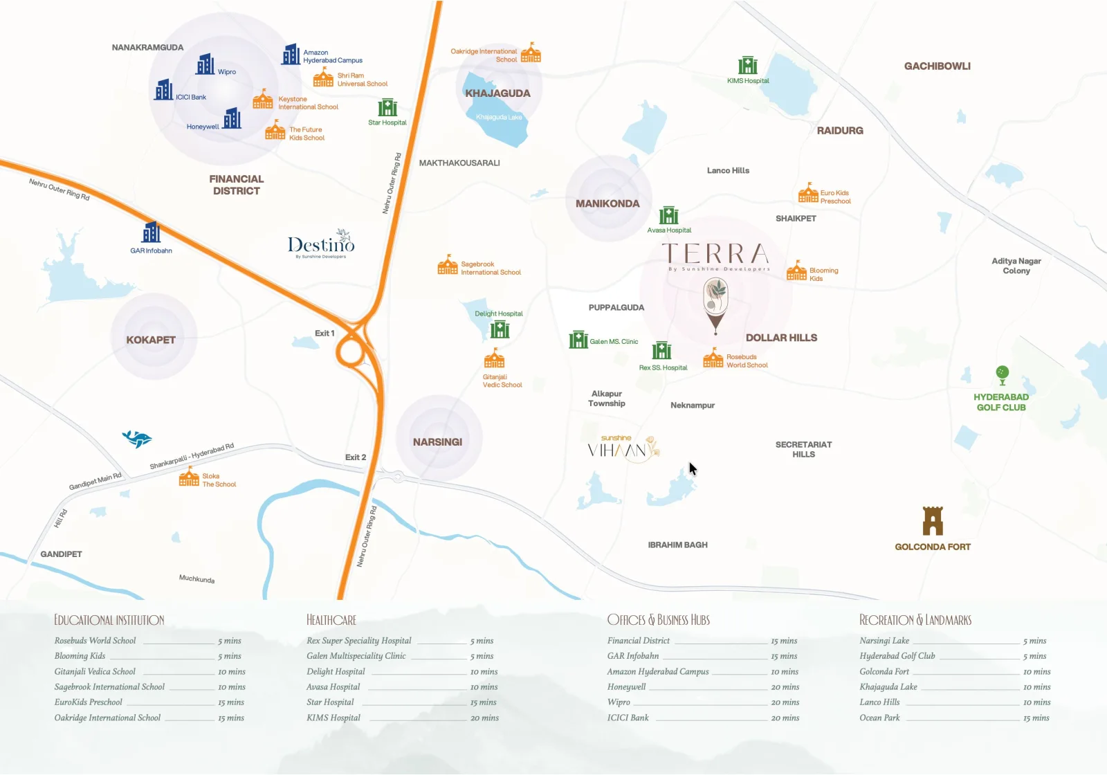 Location map of Terra at Dollar Hills with nearby schools, hospitals, offices and landmarks and travel times