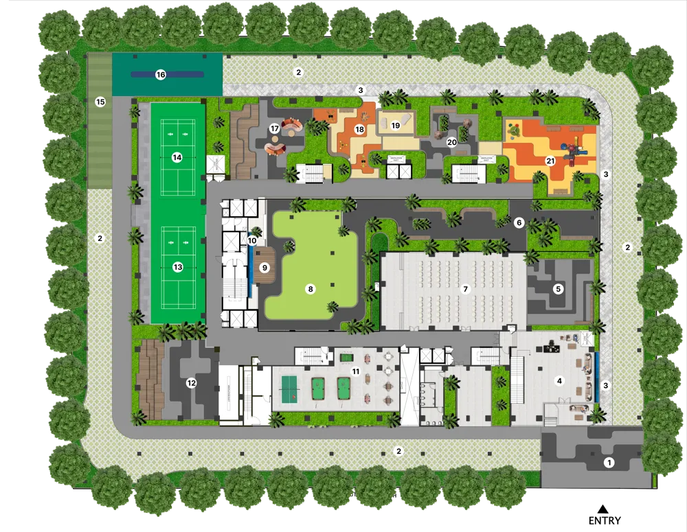 Terra master plan showing the numbered amenities listed in the legend